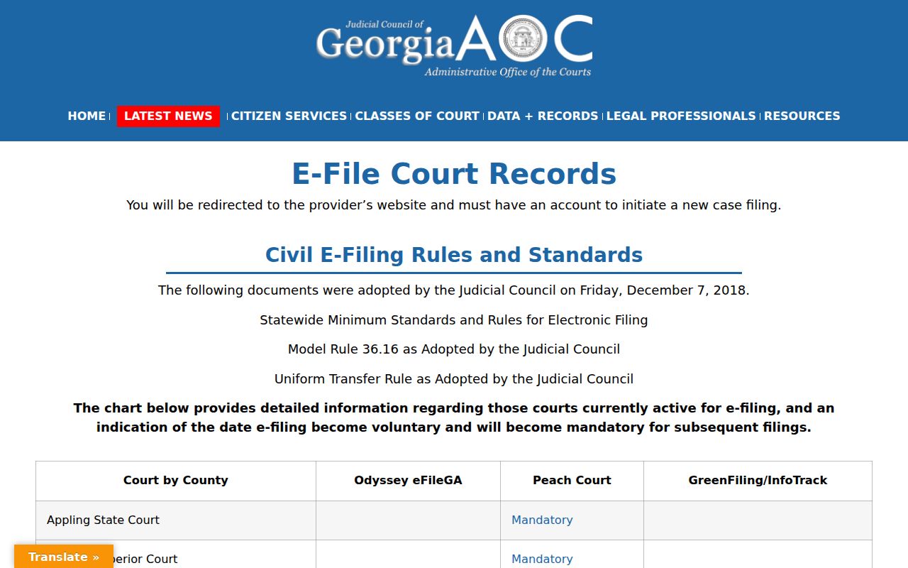 Georgia e-filing matrix for Henry courts