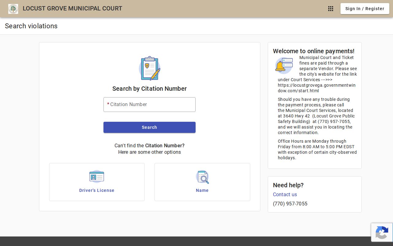 Locust Grove municipal citation search fields