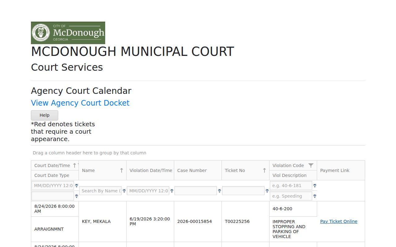 McDonough Courtware municipal court calendar and citation fields
